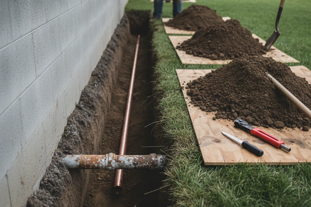 Excavated water line trench during Water Heater Repair in Brawley
